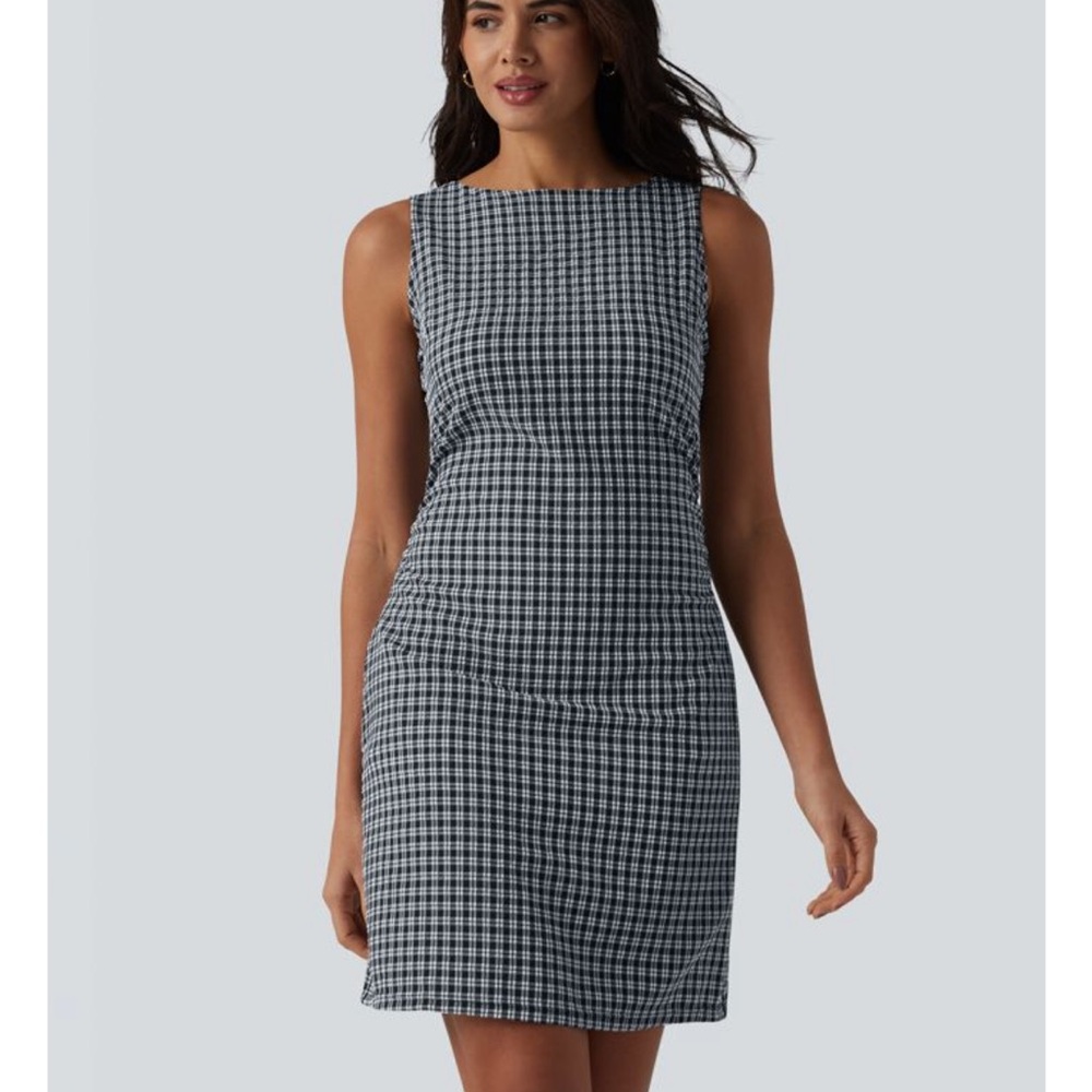 Halara Boat Neck Sleeveless Gingham Mini Casual Dress with Pockets